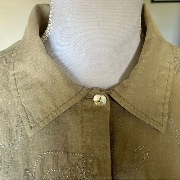Jane Ashley Tan Silver Embroidered Linen Blend Shacket Shirt Women’s Large - Picture 7 of 14